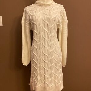 Cozy White Cable Knit Turtle Neck Sweater Dress Size M